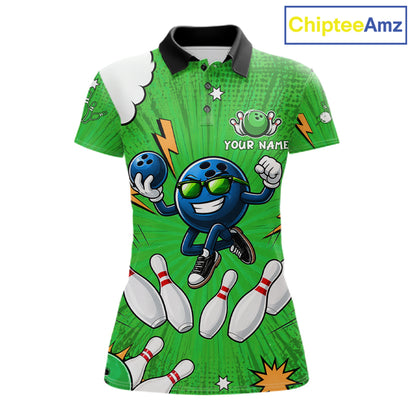 Green Funny Bowling Ball Jersey For Women Custom Bowling Team Shirt, Bowling Uniform Polo & 1/4 Zip TDM6422