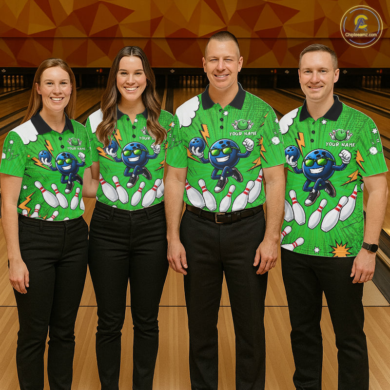 Green Funny Bowling Ball Jersey For Men Custom Bowling Team Shirt, Bowling Uniform Polo & 1/4 Zip TDM6422