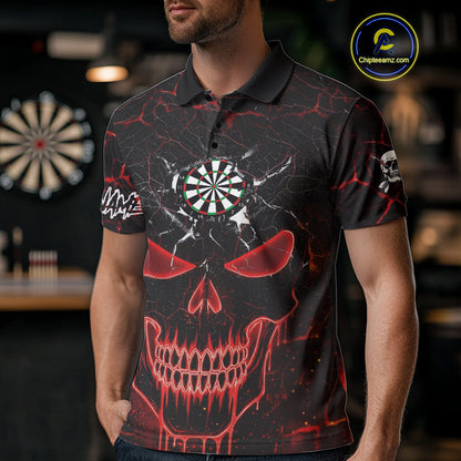 Personalized Skull Cracks Pattern Red Darts Shirt For Men Custom Dart League Jersey Polo & 1/4 Zip TDM5104