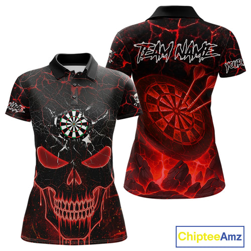 Personalized Skull Cracks Pattern Red Darts Shirt For Women Custom Dart League Jersey Polo & 1/4 Zip TDM5104