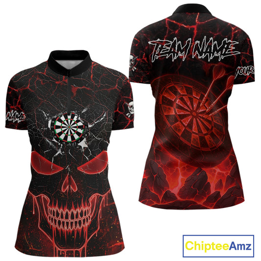 Personalized Skull Cracks Pattern Red Darts Shirt For Women Custom Dart League Jersey Polo & 1/4 Zip TDM5104