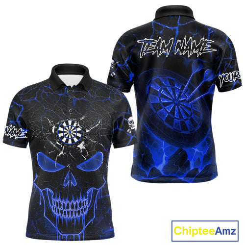 Personalized Skull Cracks Pattern Blue Darts Shirt For Men, Darts League Jersey Polo & 1/4 Zip TDM5105