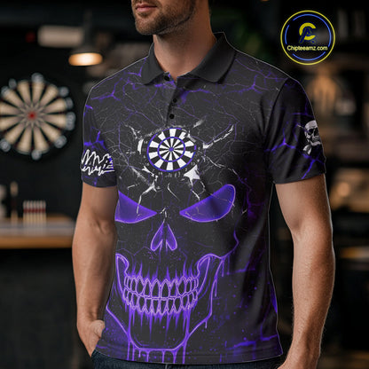 Personalized Skull Cracks Pattern Purple Darts Shirt For Men, Darts League Jersey Polo & 1/4 Zip TDM5106