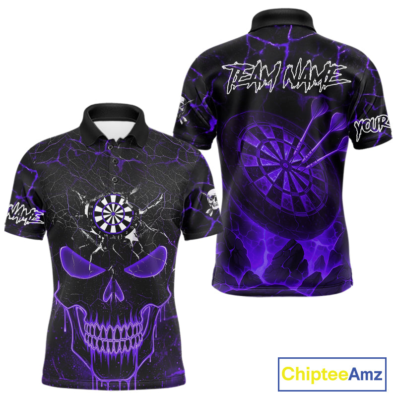 Personalized Skull Cracks Pattern Purple Darts Shirt For Men, Darts League Jersey Polo & 1/4 Zip TDM5106