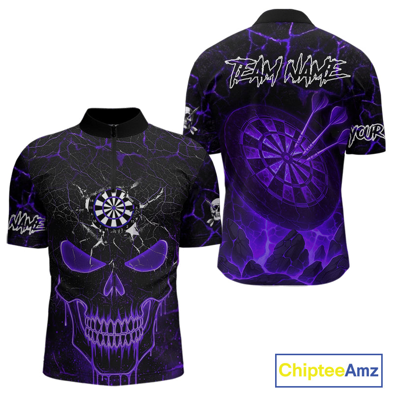 Personalized Skull Cracks Pattern Purple Darts Shirt For Men, Darts League Jersey Polo & 1/4 Zip TDM5106