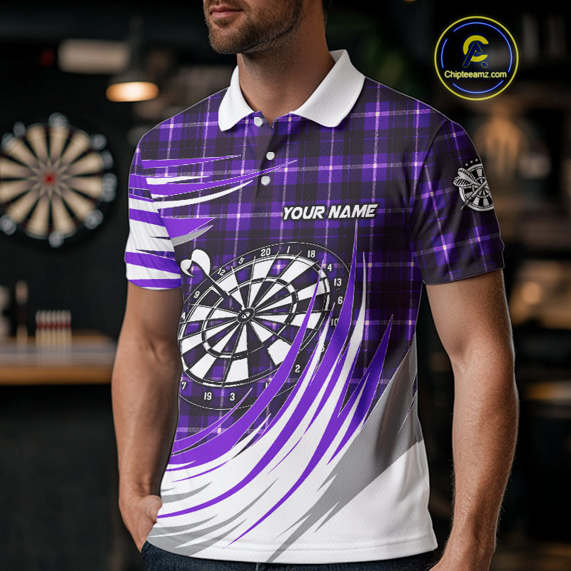 Personalized Purple Dartboard Plaid Mens Darts Shirt Custom Darts Jersey Team Polo & 1/4 Zip TDM5327