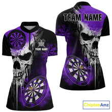 Load image into Gallery viewer, Personalized Purple Grunge Skull Darts Shirt For Women Custom Darts Jersey Team Polo &amp; 1/4 Zip TDM6431