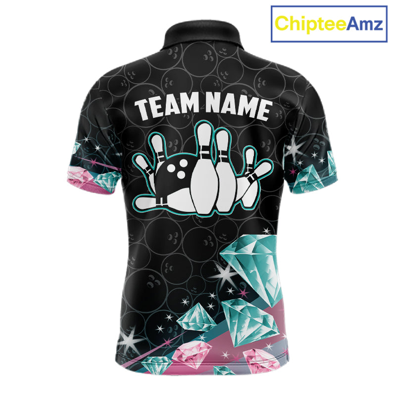 Men's bowling polo shirt with pink and turquoise diamond graphics, featuring customizable player name and team name text.