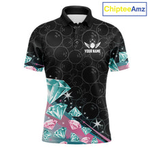 Load image into Gallery viewer, Men's bowling polo shirt with pink and turquoise diamond graphics, featuring customizable player name and team name text.