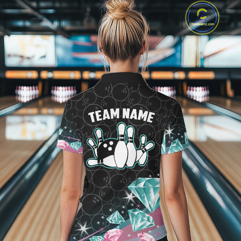 Funny Pink And Turquoise Diamonds Bowling Shirt For Women, Custom Bowling Team Jersey Polo & 1/4 Zip TDM6627