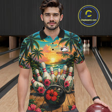 Load image into Gallery viewer, Man wearing a tropical hibiscus ocean scene bowling polo shirt in a bowling alley, featuring customizable player name and team name text.
