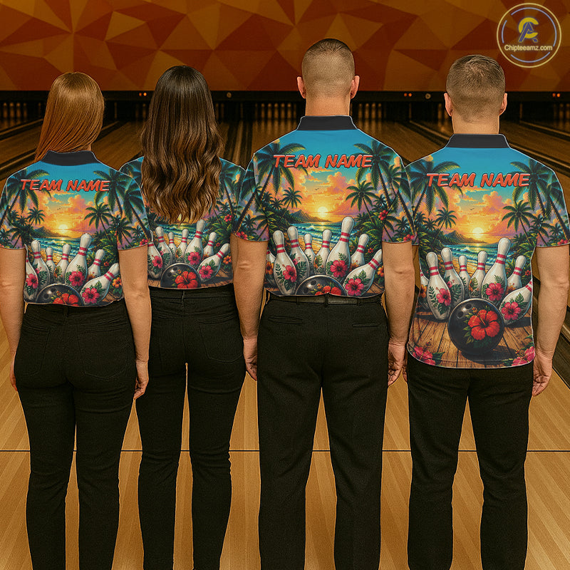 Personalized Hibiscus Summer Bowling Jersey, Ocean Scene Bowling Shirts Polo & Quarter Zip For Men TDM6635