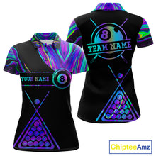 Load image into Gallery viewer, Neon purple blue 8 ball tie dye custom billiard polo shirt for women, pool team jersey and tournament apparel.