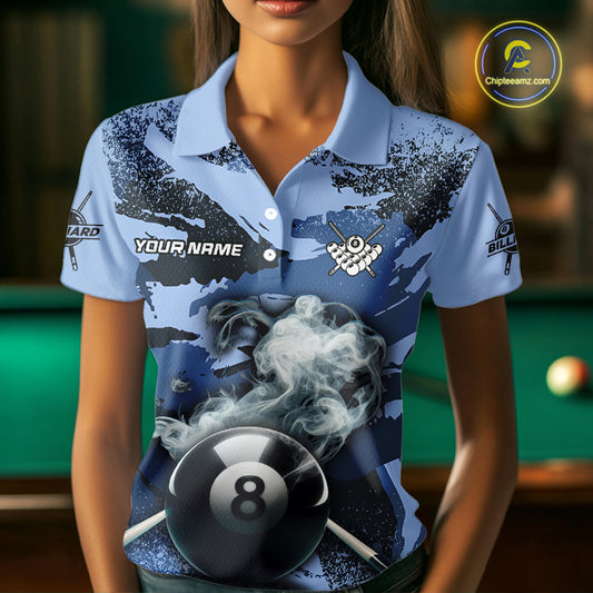Personalized 8 Ball Pool Smoke Custom Blue Camo Women Polo Shirts, Billiard Snooker Outfits TDM1014