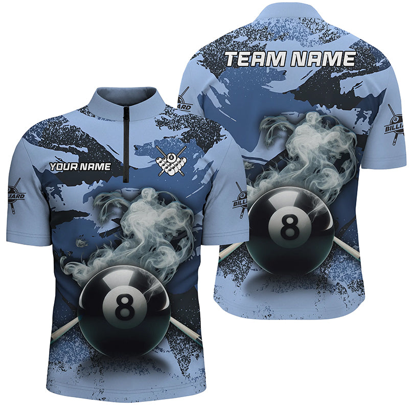 8 Ball Pool & Cue Smoke Custom Blue Camo Men Quarter-Zip Shirts, Billiard Snooker Outfits TDM1014