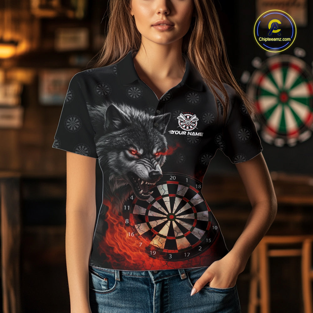 Black And Red Flaming Wolf Darts Polo & Quarter Zip For Women Custom Darts Team Jersey TDM5830