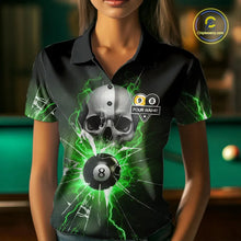 Load image into Gallery viewer, Green 8 &amp; 9 Ball Skull Billiard Shirt For Women Custom Glass Break Pool Team Jersey Polo &amp; 1/4 Zip TDM5972