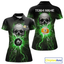 Load image into Gallery viewer, Green 8 &amp; 9 Ball Skull Billiard Shirt For Women Custom Glass Break Pool Team Jersey Polo &amp; 1/4 Zip TDM5972