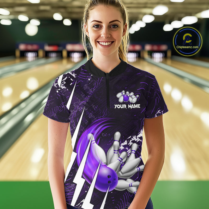 Personalized Skull Bowling Jersey For Women Custom Bowling Team Shirt Polo & Quarter Zip | Purple TDM6207