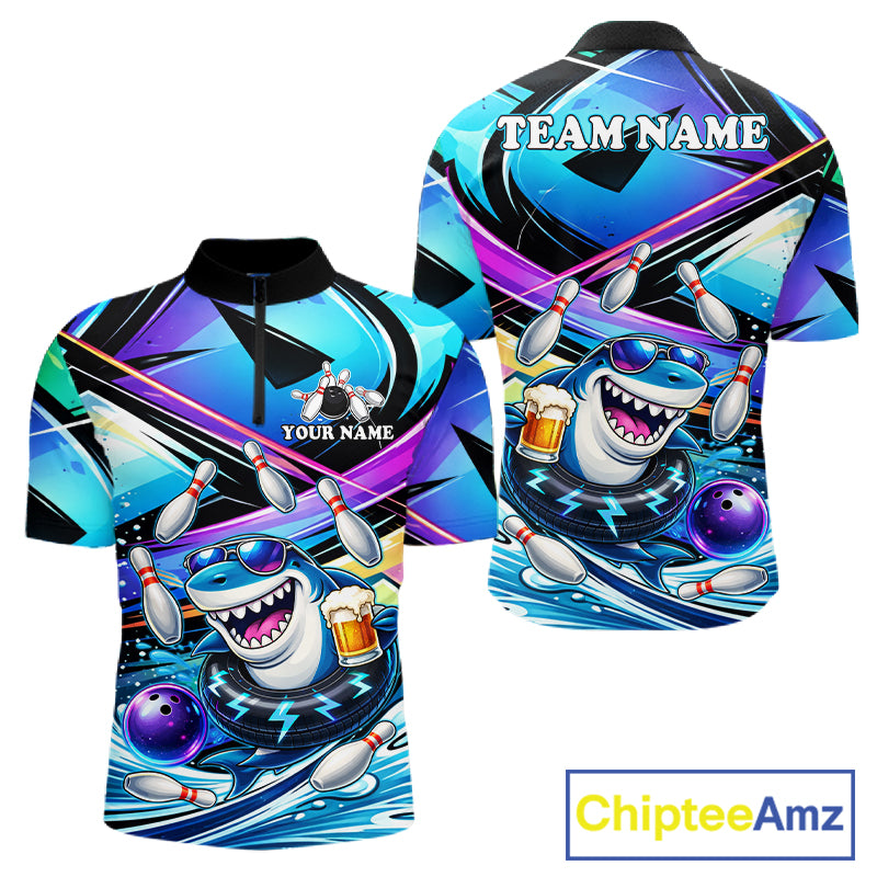 Blue Funny Shark Graffiti Bowling Shirts For Men, Best Bowling Team Jersey Polo & Quarter Zip TDM6209