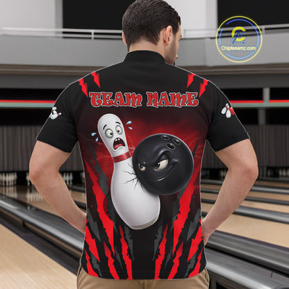 Funny Bowling Ball Custom Black And Red Bowling Shirt For Men, Bowling Team Jersey Polo & 1/4 Zip TDM6210