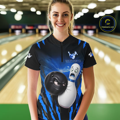 Funny Bowling Ball Custom Black And Blue Bowling Shirt For Women, Bowling Team Jersey Polo & 1/4 Zip TDM6211