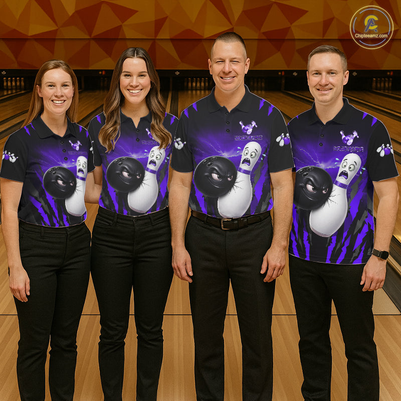 Funny Bowling Ball Custom Black And Purple Men’s Bowling Shirt, Bowling Team Jersey Polo & 1/4 Zip TDM6212