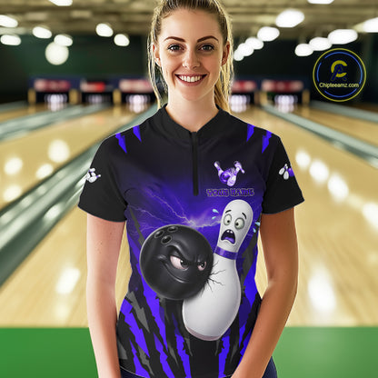 Funny Bowling Ball Custom Black And Purple Women's Bowling Shirt, Bowling Team Jersey Polo & 1/4 Zip TDM6212