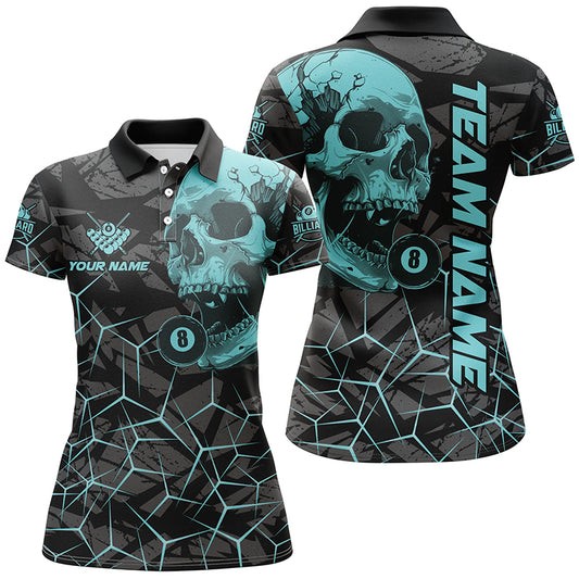 Funny Skull Holding 8 Ball Billiard Custom Women Polo & Quarter-Zip Shirt, Billiard Pool Jersey Shirt TDM1715