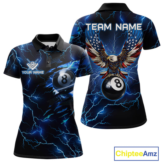 Women’s blue thunder lightning billiard polo shirt with American flag graphics for pool league players.