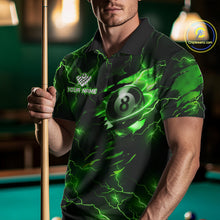 Load image into Gallery viewer, Man wearing a green thunder lightning billiard jersey beside a pool table front view.