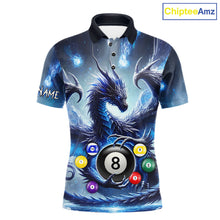 Load image into Gallery viewer, Men’s blue dragon 8 ball billiard polo shirt with custom team style for league players.
