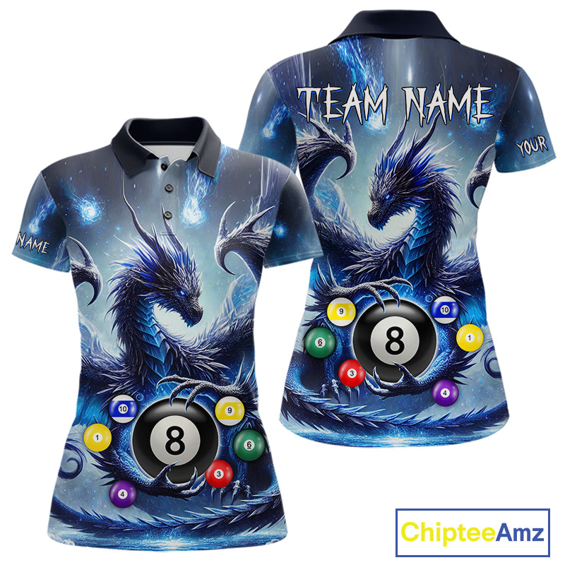 Custom blue flame smoke pool jersey for women with eagle skull artwork and league style.