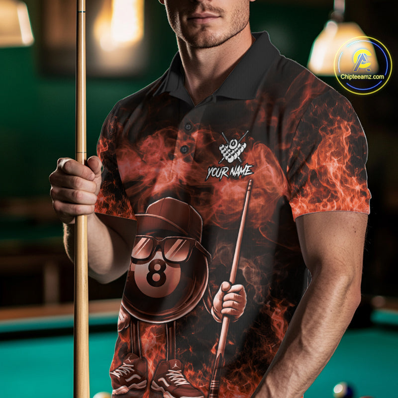 Man wearing a orange 8 ball flame smoke billiard jersey front view.