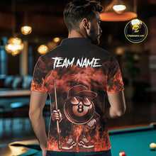 Load image into Gallery viewer, Back view of man wearing a orange 8 ball flame smoke pool team jersey.