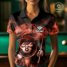 Load image into Gallery viewer, Woman wearing an orange 8 ball flame smoke billiard jersey front view.