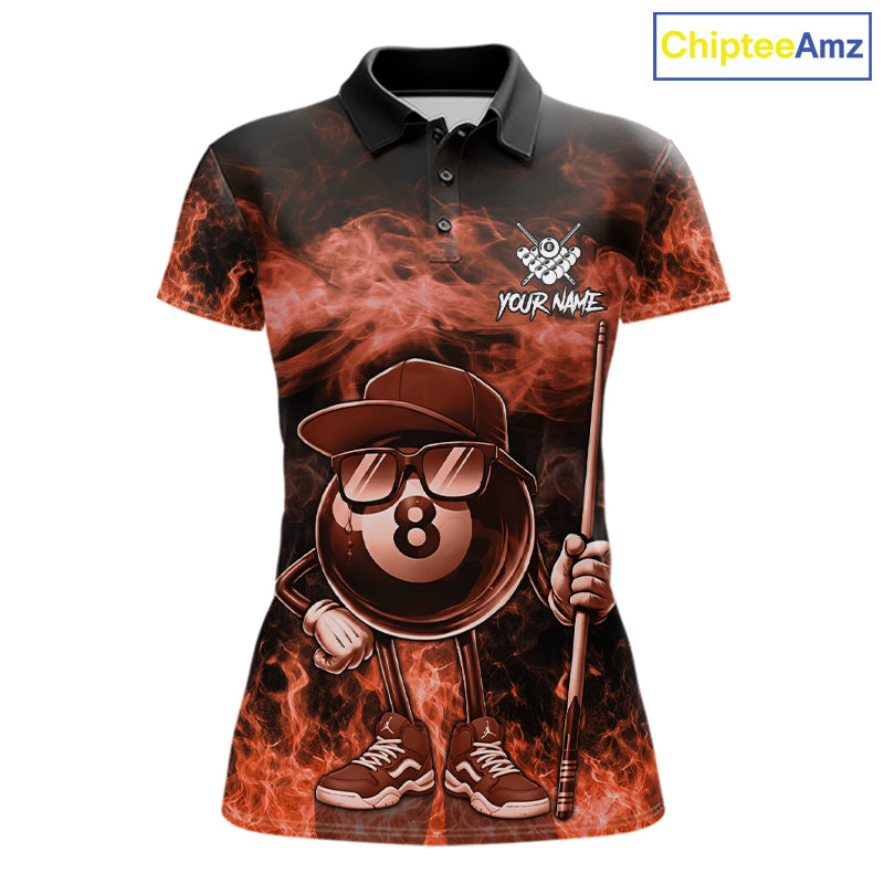 Orange funny 8 ball flame smoke billiard polo shirt for women, custom billiard team jersey uniform.