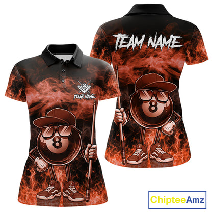 Orange 8 ball flame smoke custom billiard polo shirt for women with bold fire graphics.