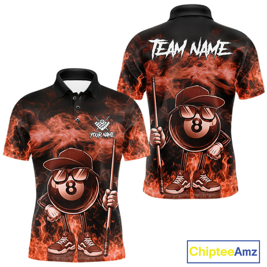 Orange 8 ball flame smoke custom billiard polo shirt for men with bold fire graphics.