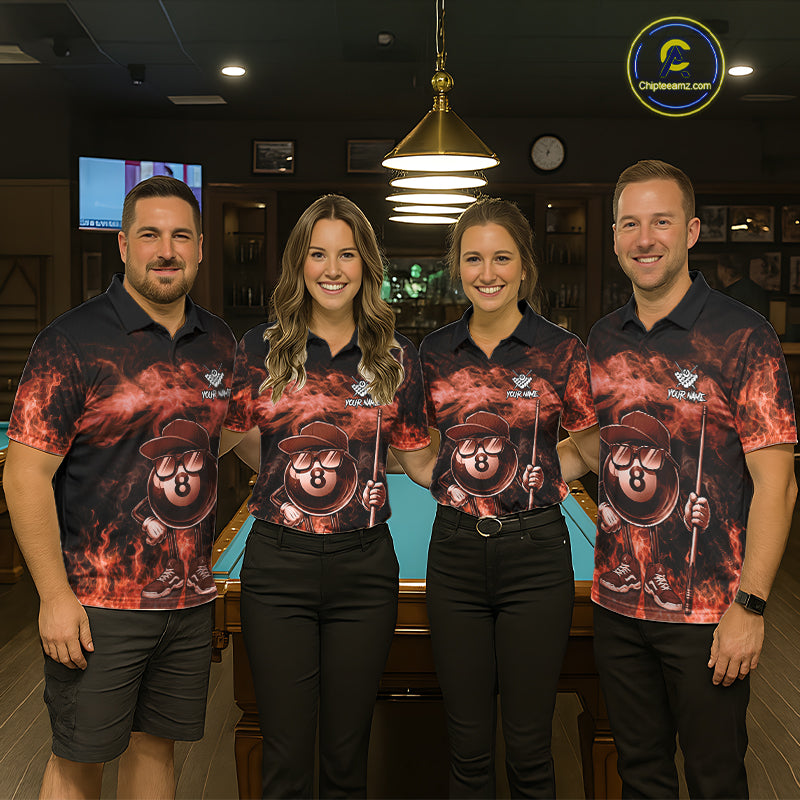 Pool team wearing matching orange 8 ball flame smoke billiard jerseys front view.