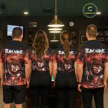 Load image into Gallery viewer, Back view of pool team wearing matching orange 8 ball flame smoke billiard shirts.