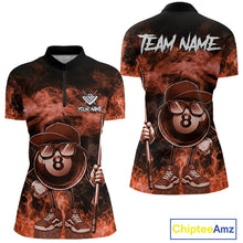 Load image into Gallery viewer, Orange 8 ball flame smoke quarter zip billiard shirt for women, custom pool team jersey.