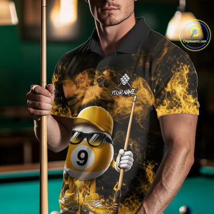 Man wearing a yellow 9 ball flame smoke billiard jersey front view.
