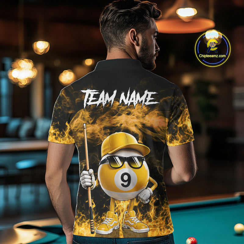 Back view of man wearing a yellow 9 ball flame smoke pool team jersey.