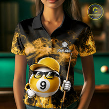 Load image into Gallery viewer, Woman wearing a yellow 9 ball flame smoke billiard jersey front view.