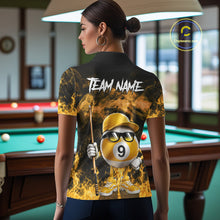 Load image into Gallery viewer, Back view of woman wearing a yellow 9 ball flame smoke pool team jersey.