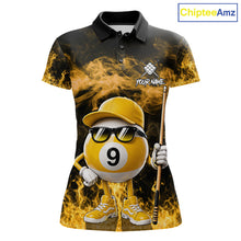 Load image into Gallery viewer, Yellow funny 9 ball flame smoke billiard polo shirt for women, custom billiard team jersey uniform.
