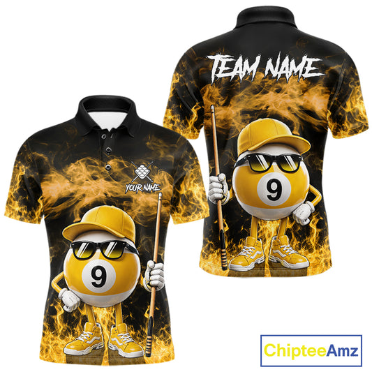 Yellow 9 ball flame smoke custom billiard polo shirt for men with bold fire graphics.