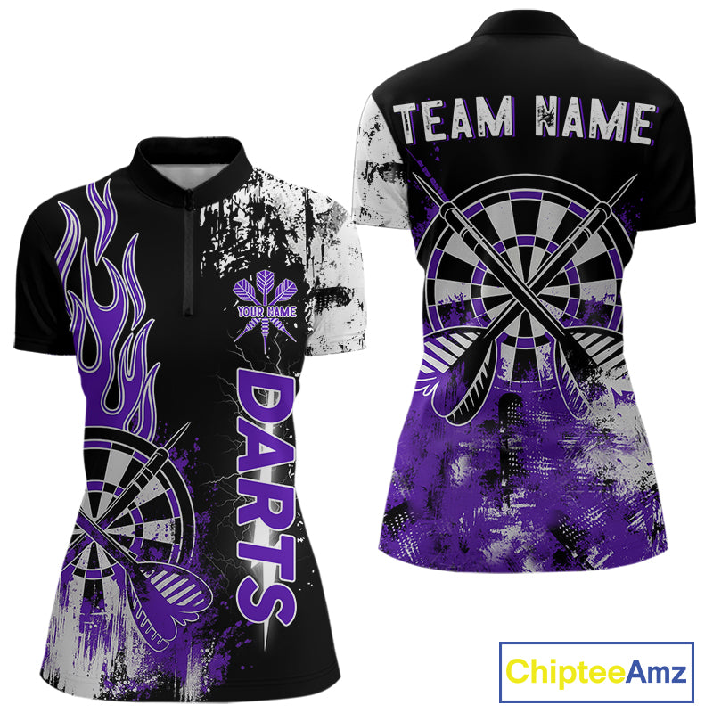 Personalized Purple Grunge Womens Dart Shirts Custom Dart Jerseys Team Polo & 1/4 Zip, Darts Uniform TDM5120
