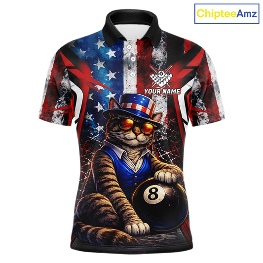 Funny Cat 8 Ball Billiard Shirt For Men Custom Vintage US Flag Pool Team Jersey Polo & 1/4 Zip TDM5983